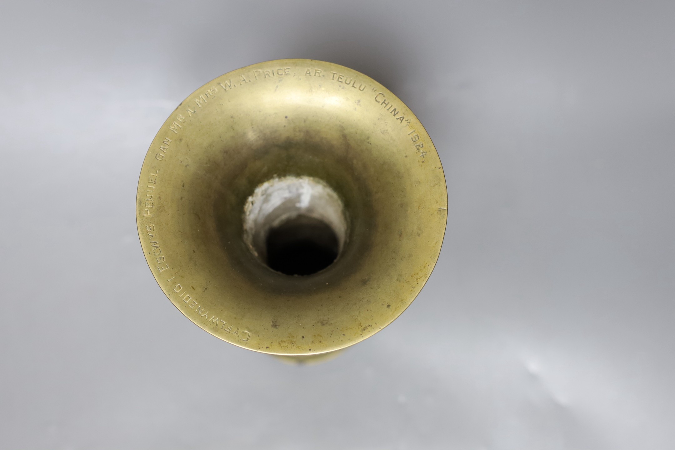 A Chinese bronze gu vase, Welsh inscription and date for 1924, 26cm high